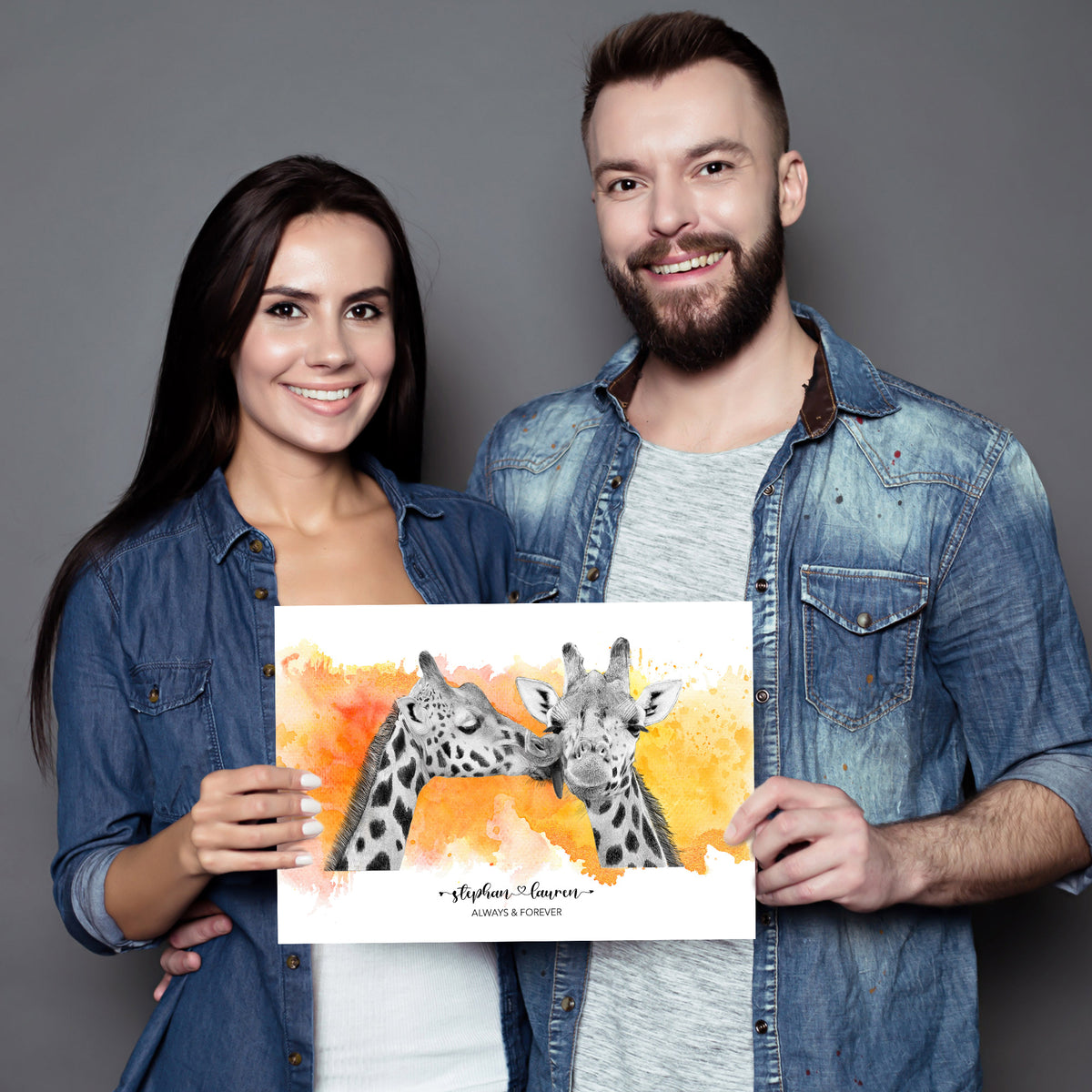 Giraffe Kiss Wall Art | Always and Forever | Valentines Day Gift | Paper Anniversary Gift | Gift for Couples | Personalised Couple Print | Unique