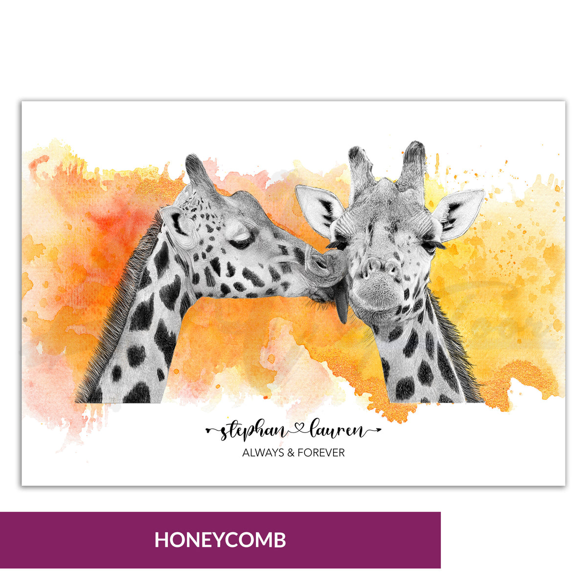 Giraffe Kiss Wall Art | Always and Forever | Valentines Day Gift | Paper Anniversary Gift | Gift for Couples | Personalised Couple Print | Unique