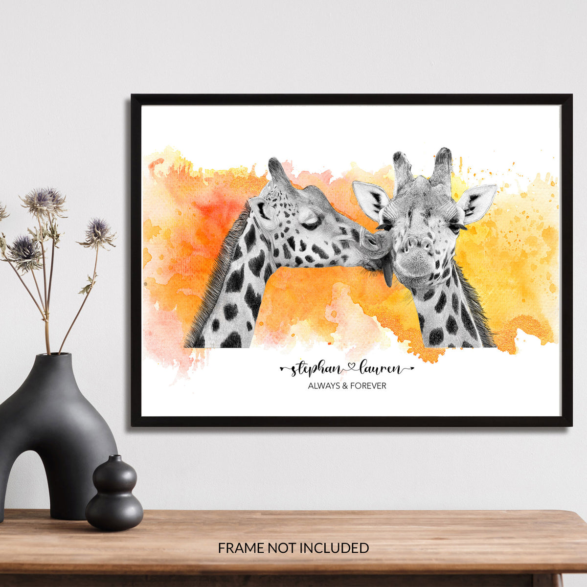 Giraffe Kiss Wall Art | Always and Forever | Valentines Day Gift | Paper Anniversary Gift | Gift for Couples | Personalised Couple Print | Unique