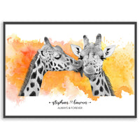 Giraffe Kiss Wall Art | Always and Forever | Valentines Day Gift | Paper Anniversary Gift | Gift for Couples | Personalised Couple Print | Unique