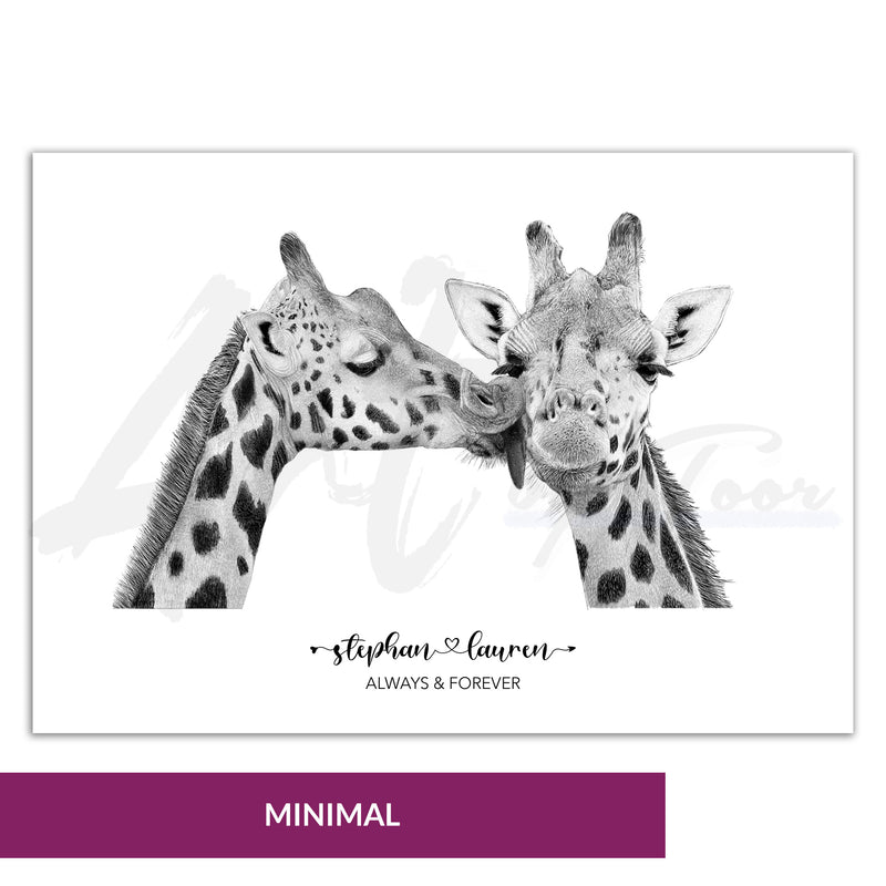 Giraffe Kiss Wall Art | Always and Forever | Valentines Day Gift | Paper Anniversary Gift | Gift for Couples | Personalised Couple Print | Unique