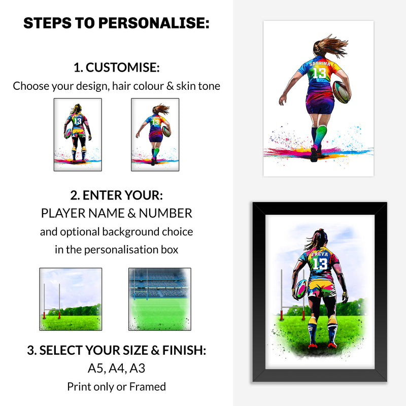 Personalised Girls Rugby Art Print | Female Rugby Player | Rugby Gifts for Girls | Women's Rugby Gift | Christmas Gift