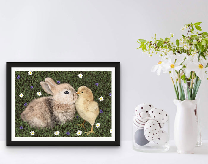 Spring Bunny Rabbit and Baby Chick Wall Art Print