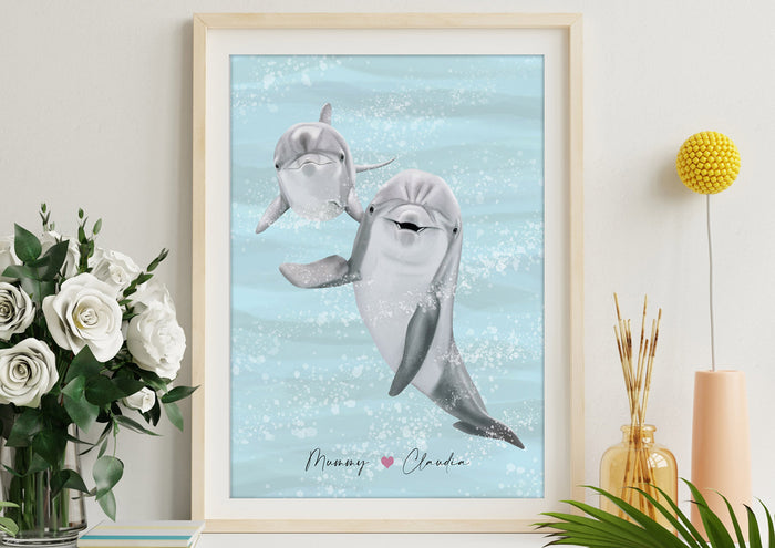 Dolphin and Baby Wall Art | Mothers Day Print | Personalised Mothers Day Gift | Birthday Gift for Mum | Gift From Daughter | Gift From Son