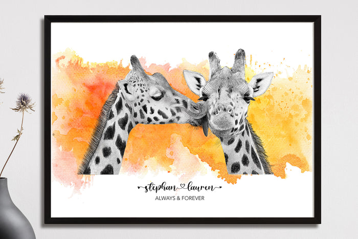 Giraffe Kiss Wall Art | Always and Forever | Valentines Day Gift | Anniversary Gift | Gift for Couples | Personalised Couple Print | Unique