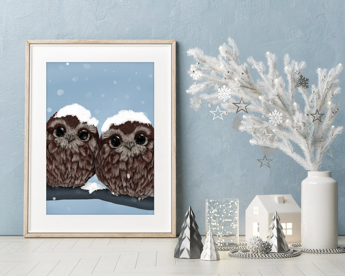 Owl Twin Wall Art Print | Winter Wall Decor | Christmas Decor