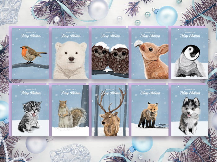 A5 Christmas Card Pack | Wintery Animals | Handmade Christmas Cards | Pack of 10 Large Christmas Cards